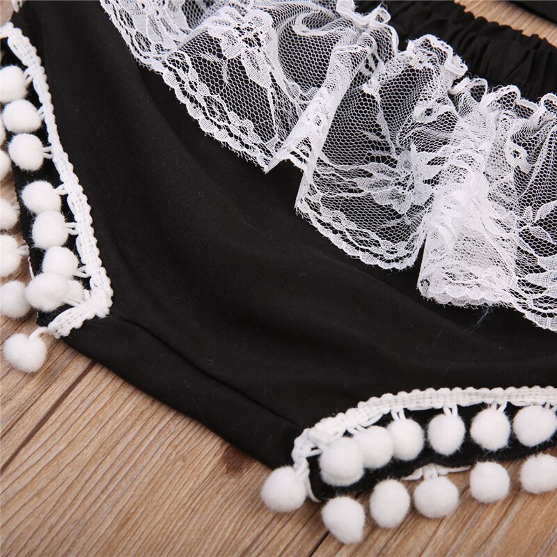 3 stuks baby meisjes ruches off shoulder top tank + kwastjes shorts + hoofdband outfit zonnepak zomerkleding set