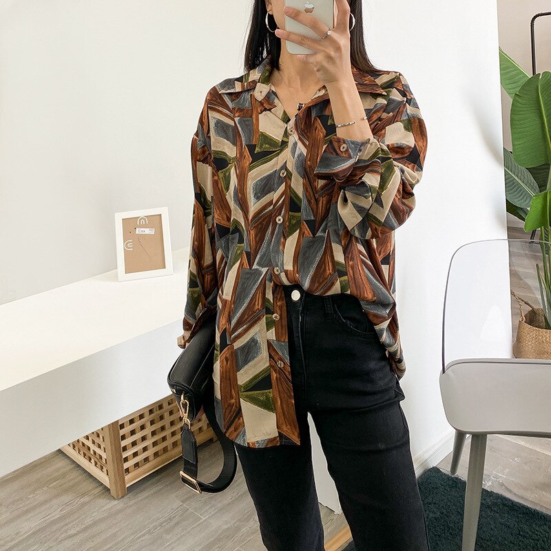 Kesäinen geometrinen printti paitapusero naisten rento käännettävä kaulus kokohihainen sifonkipaita crriflz