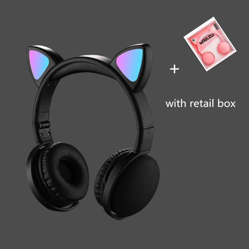 Cat Ear LED Headphones Noise-Cancelling Bluetooth 5.0 Kids Girls and Boys Folding Headset Support TF Card 3.5mm Plug With Mic: black  retail box