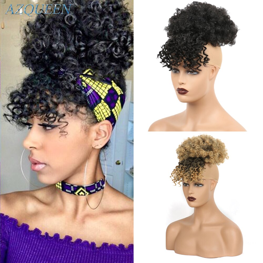 AZQUEEN Curly High Puff Ponytail Synthetic Hair Extensions African American Hair Ponytail With Bangs Short Wrap Clip On