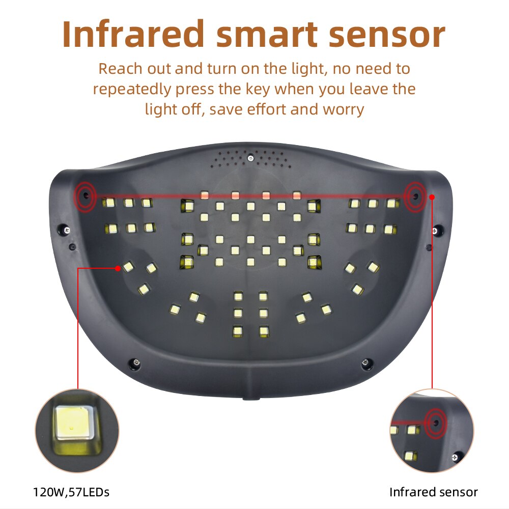 Lampe UV LED pour séchage de vernis à ongles, 120W, 57 pièces, avec capteur intelligent, affichage LCD, pour tout Gel, outil d&#39;art des ongles