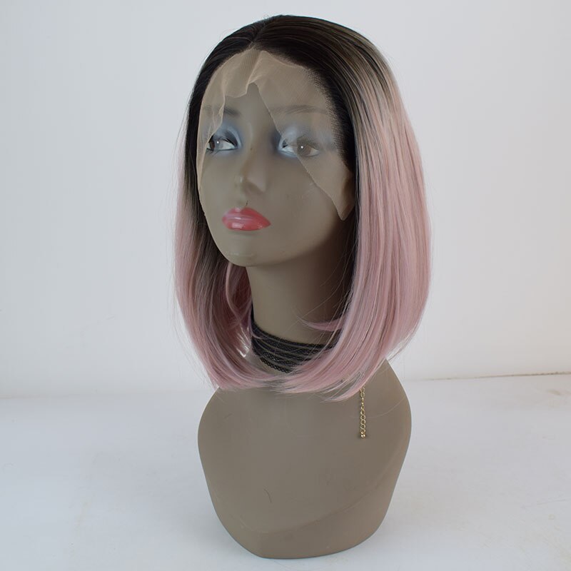 Bombshell preto raízes ombre rosa curto em linha reta bob peruca dianteira do laço sintético resistente ao calor fibra cabelo médio de separação para mulher