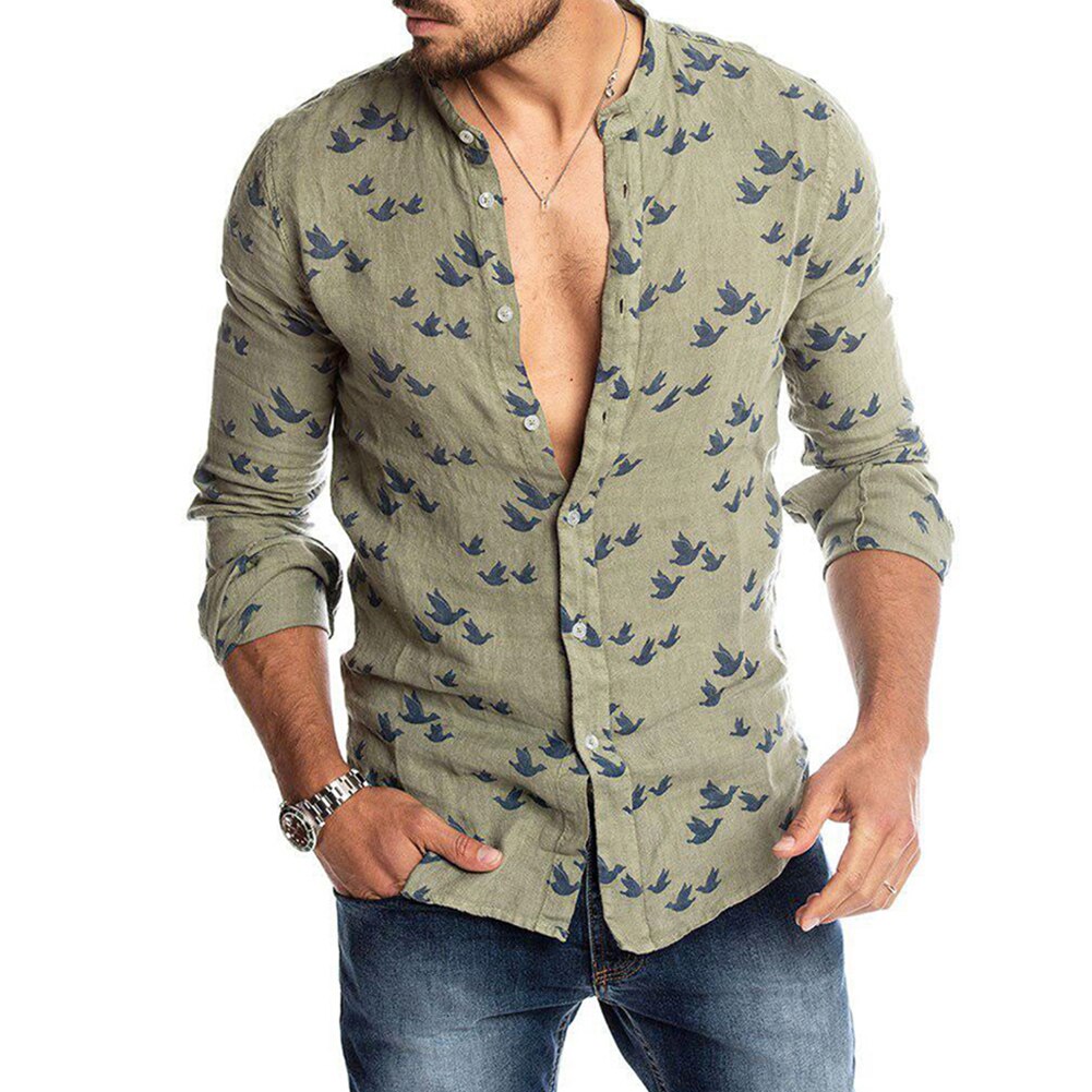 Camisa de manga larga con botones y estampado de Paloma para hombre, ropa informal ajustada de lino, primavera y otoño