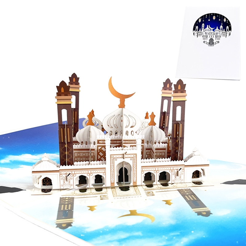 3D Eid Mubarak Greeting Card Moon Mosque Islamic Year Cards