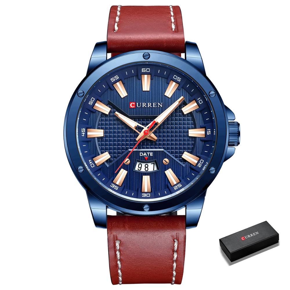 Curren quartz ur til mand læder armbåndsure casual ur med dato relogio masculino: Blå urkasse