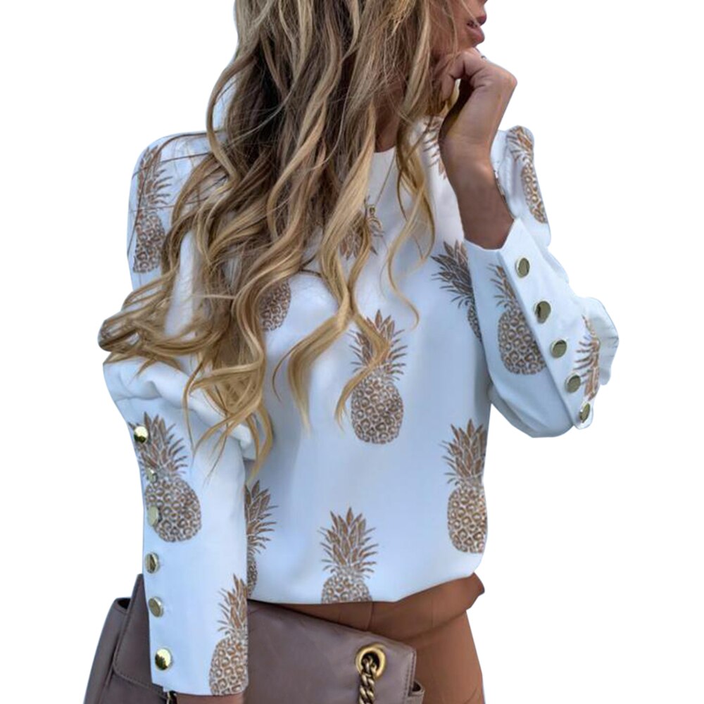 Women Blouse Puff Shoulder Shirts Office Lady Autumn Metal Buttoned Detail Blouses women Pineapple Print Long Sleeve Tops: 01 / S