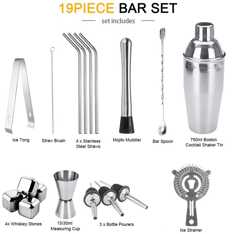 Cocktail Set, 18 Pcs Cocktail Maken Set, rvs Barman Kit Met 750Ml Boston Cocktail Shaker Voor Party, Bar