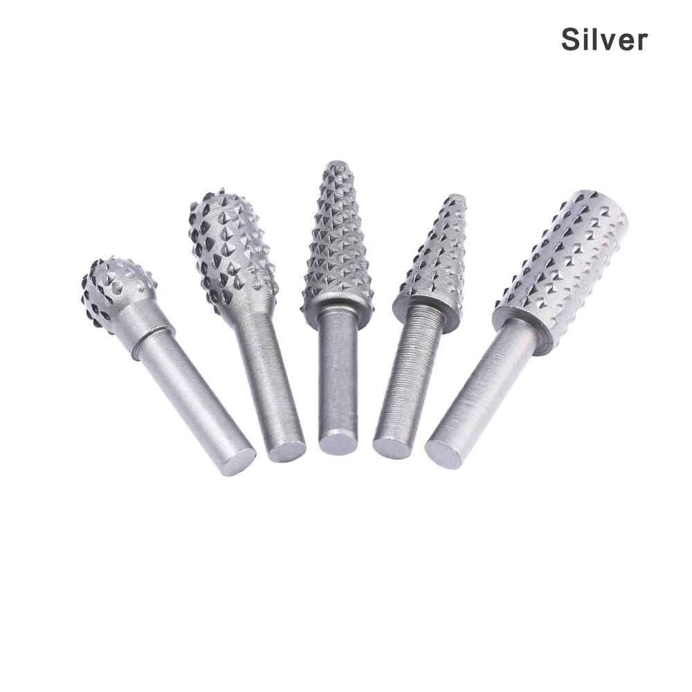 5 stk stål roterende rasp skaft håndværksfiler dremel grater sort træ træbearbejdning bor bits slibning kraftudskæringsværktøj: Sølv