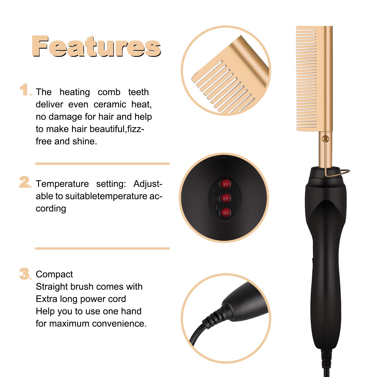 Lisseur cheveux peigne multifonctionnel cuivre lisseur & bigoudi brosse Anti-brûlure barbe cheveux lisseur peigne fers plats