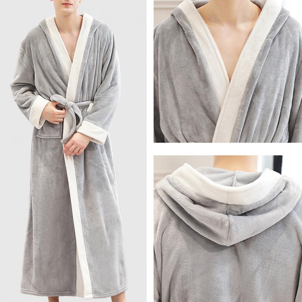 Men Sleepwear Autumn Winter Flannel Long Sleeve Maxi Bathrobe Pockets Hooded Nightgrown Mens Warm Thick Casual Robe Plus Size