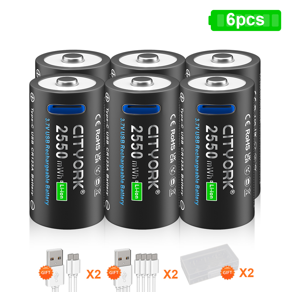 CITYORK CR123A Bateria 2550mWh 3.7V Akumulator Li-ion 16340 Do Latarki LED 16350 RCR123 Bateria + Kabel USB Type-c: WHITE