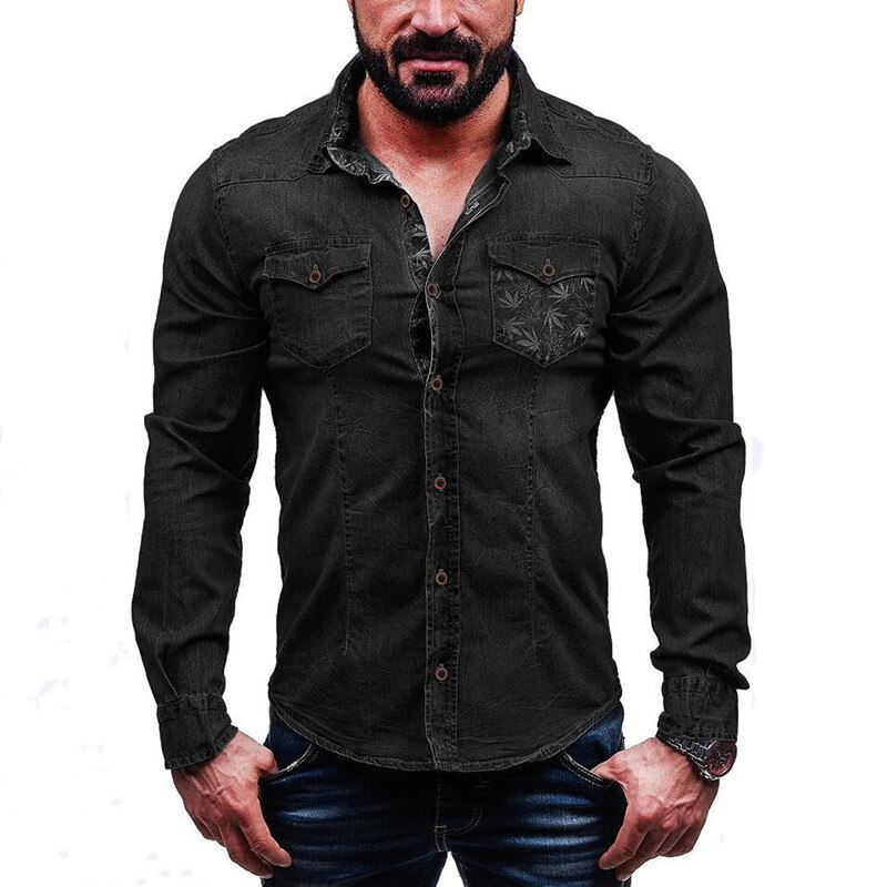 Cotton Slim Fit Denim Shirts Men outdoor Casual printing Long Sleeve tops Mens Jeans Shirt Autumn Shirt for Men: Black / Asia XL 59 to 65 kg