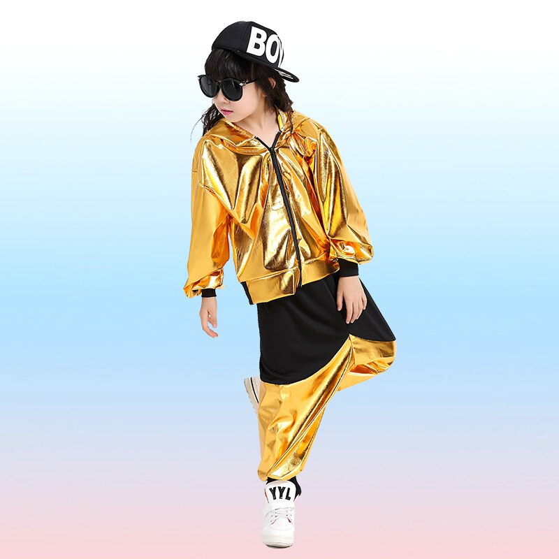 Kind Meisje Jongen Prestaties Goud Zilver Hip Hop Hiphop Jazz Moderne Ballroom Break Dance Pak Kostuum Hooded Tops Broek: Goud / 120