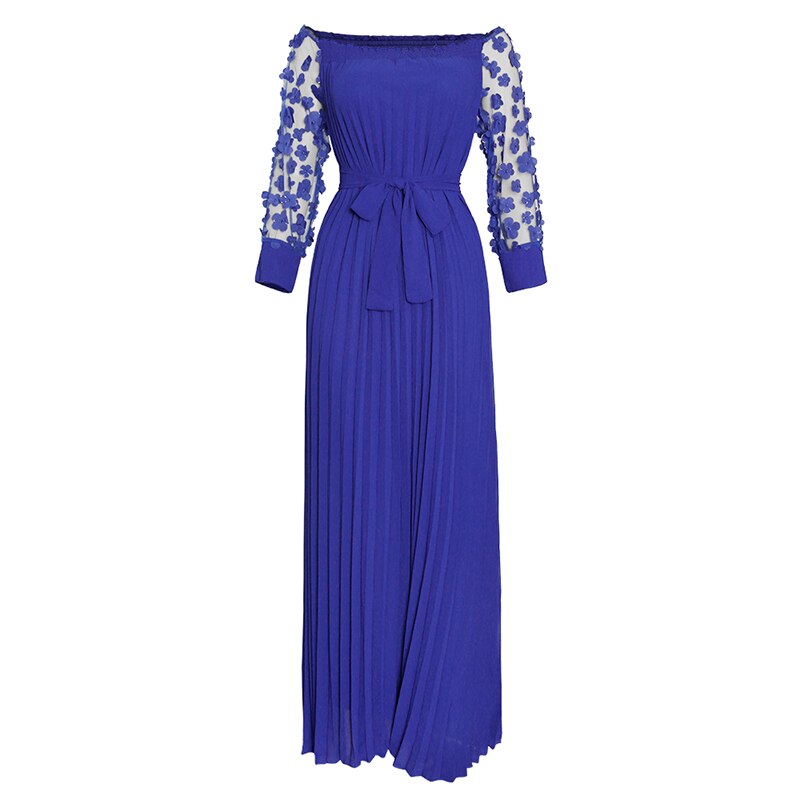 MD African Dresses For Women Off Shoulder Mesh Maxi Dress Party Abaya Lady Plus Size Evening Gowns: Blue