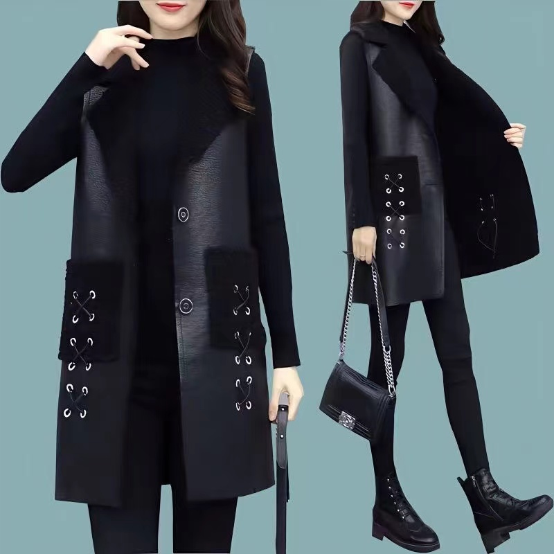 Gilet in pelle PU female2024autunno inverno nuovo gilet lungo giacca senza maniche spessa di alta qualità donna Top Overwear di grandi dimensioni