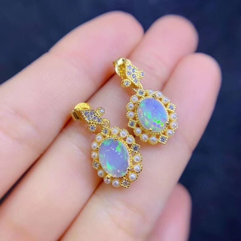 Luxury Female Oval Opal Jewelry Set Charm Gold Color Dangle Earring For Women Dainty Crystal Pearl Wedding Ring Chain Necklace