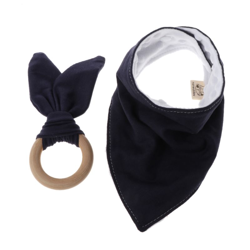 1 Set Baby Rabbit Ears Teether Cotton Bibs Infant Saliva Towel Care Set Baby Bib N1HB: Navy