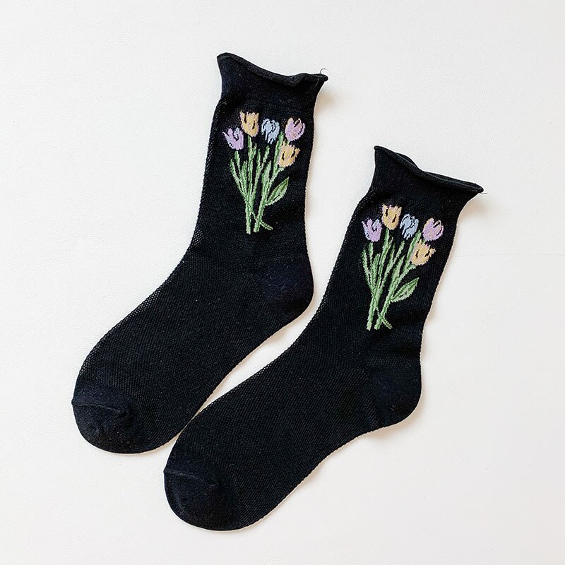 Produkt sommer gennemsigtige ultratynde korte sokker behagelige åndbare absorbere sved slik farve slik farve blomster kvinder: Sort