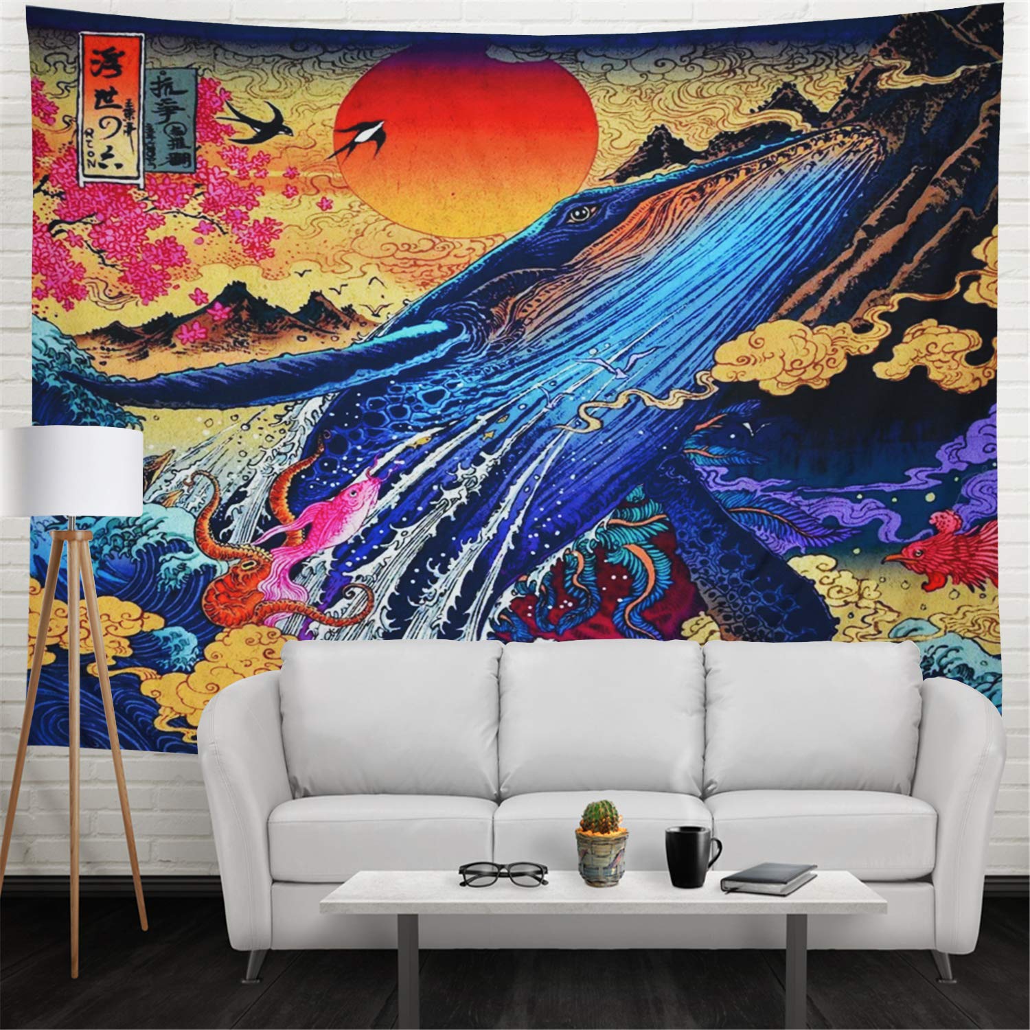 Auringonlasku suuri aalto valas tapetry japanilainen taide valtameri maisema wall hanging