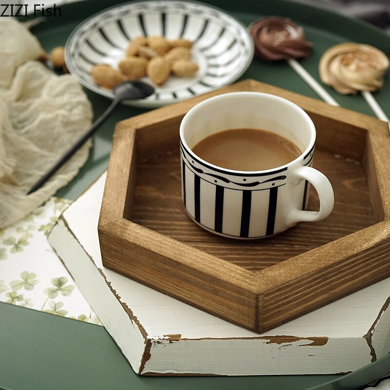 Bandeja de madera hexagonal hecha a mano de 20cm/30cm/40cm, plato de café de madera Burly, decoración de mesa, soporte de joyería para maquillaje y postres