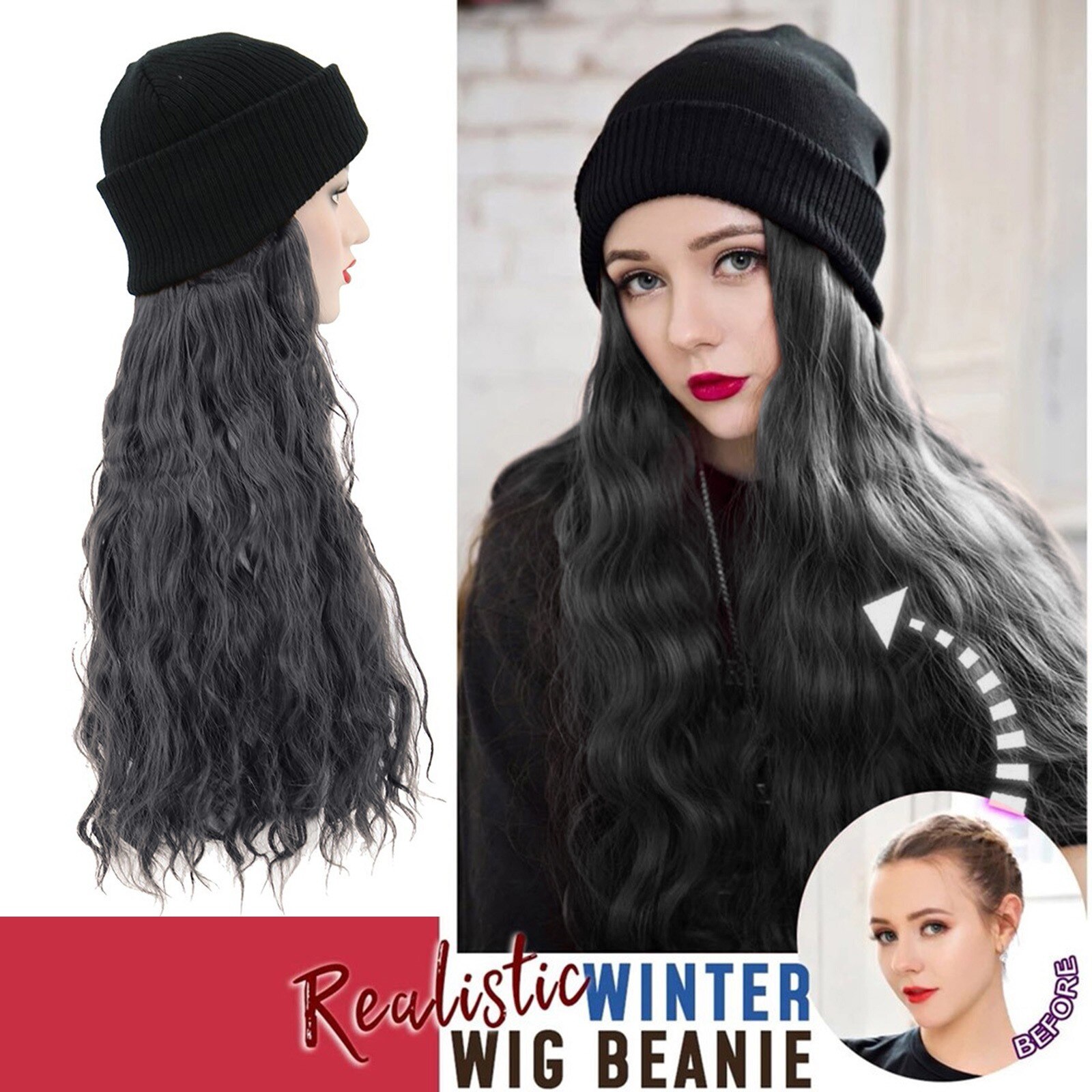 Synthetische Lang Krullend Knit Skiën Winter Hoeden Met Haar Pruik Beanie Bevestigd Hoed Pruik Voor Meisje Hangen Natuurlijke Katoen gemaakt #128