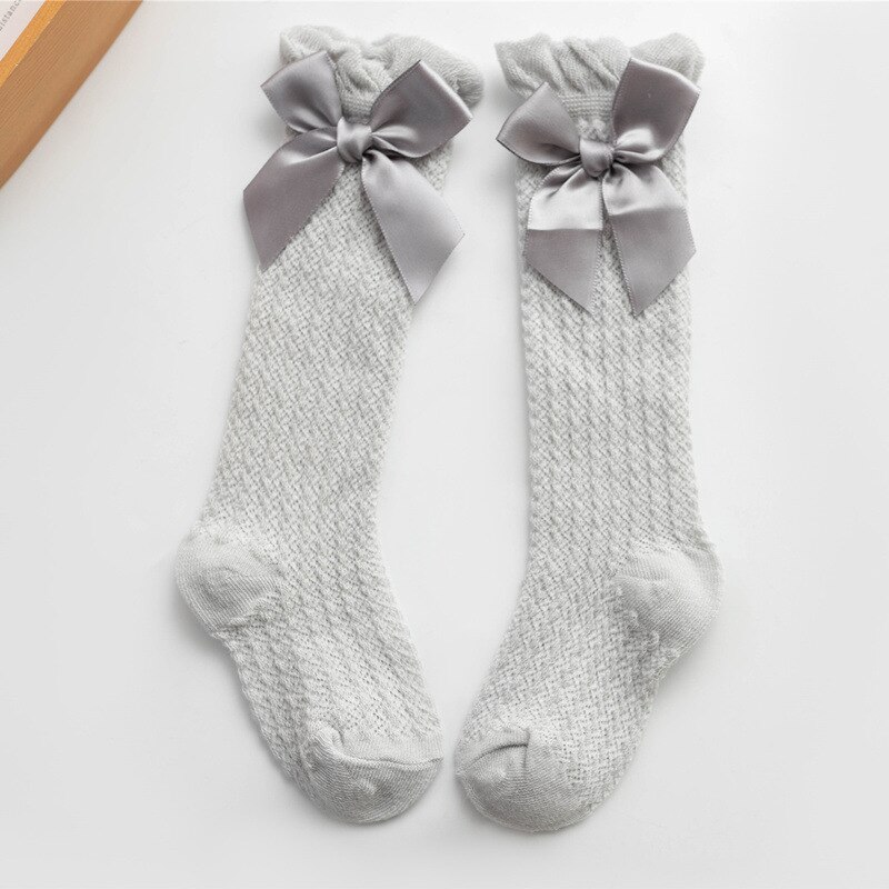 Summer Mesh Baby Girl Socks Bowknot Baby Knee High Socks Solid Color Infant Toddler Long Socks baby girl stuff mesh socks: Gray Socks