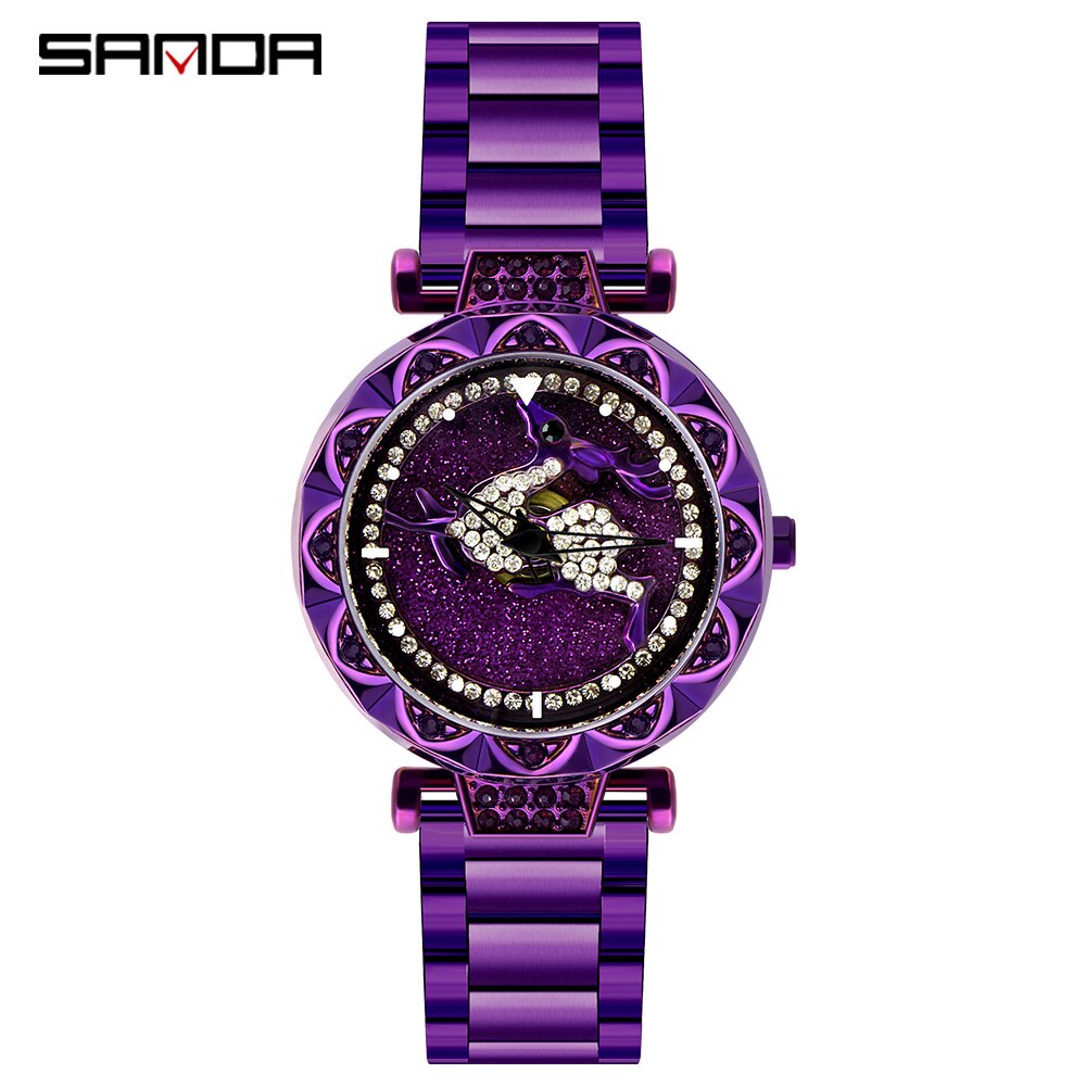 Sanda dameshorloge met kristal, diamant, draaibare wijzerplaat, leren stalen magneet, waterdicht quartzhorloge: Staalpaars