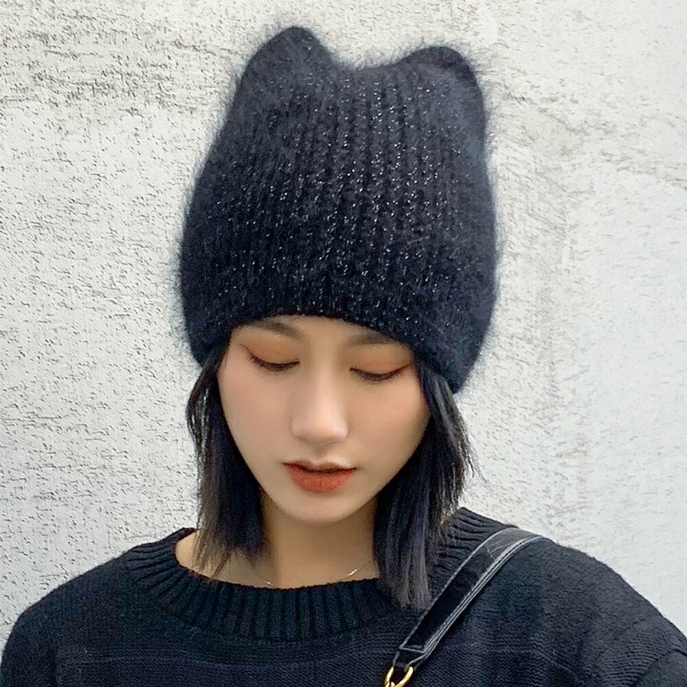 Bonnet en fourrure de lapin pour femmes, couleur unie, oreilles de chat, doux, à la , pour l&#39;extérieur, garde au , hiver