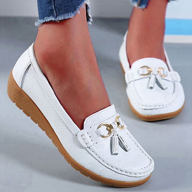 Ægte læder dame flade sko afslappet damesko mokkasiner sko dame slip-on flade sko sorte damesko plus size
