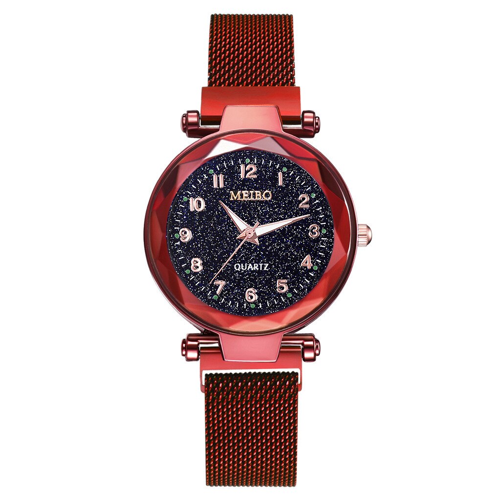 Otoky Watch Quartz Women Watches Starry Sky Watch Ladies Flat Glass Quartz Wristwatch Mesh Magnetic Clock Ladies: Red