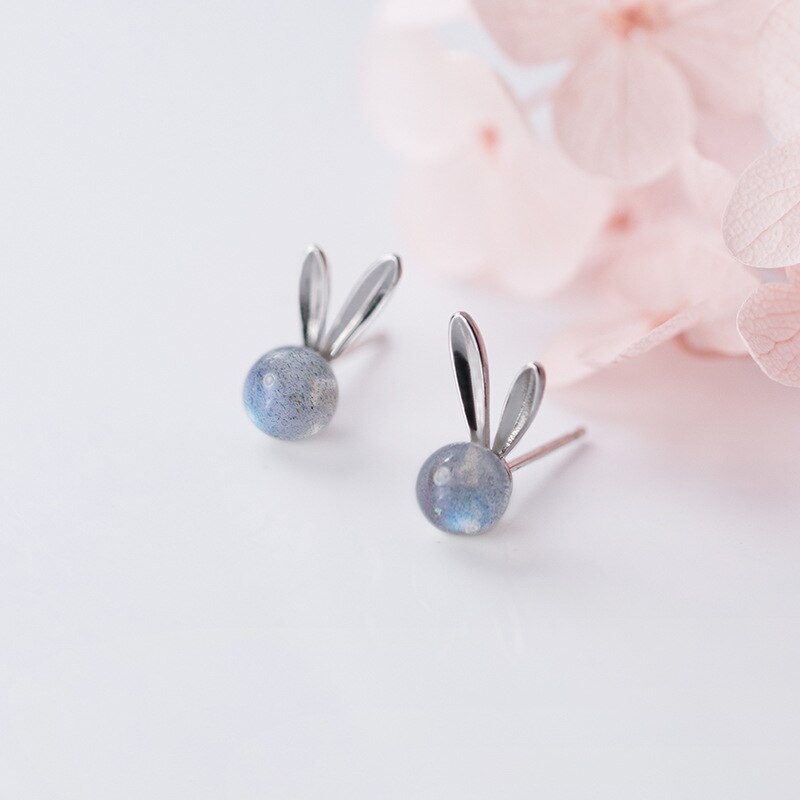 100% Echt 925 Sterling Zilveren Schattige Konijn Stud Oorbellen Voor Vrouwen Meisjes Kleurrijke Animal Oorbellen Studs Voor Verjaardag: Moonstone