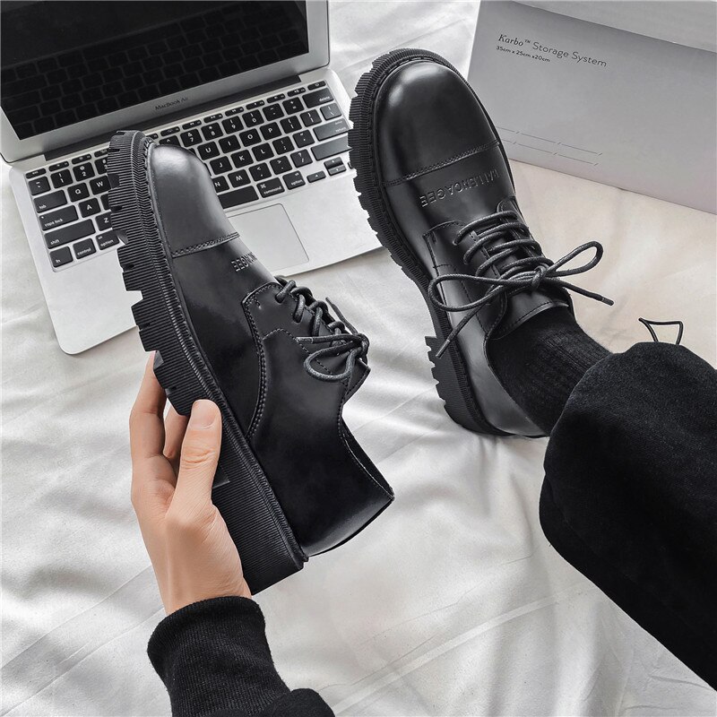 Men's Shoes Spring Leather Shoes Black Thick-soled Non-slip Casual Flat Casual Tooling Shoes