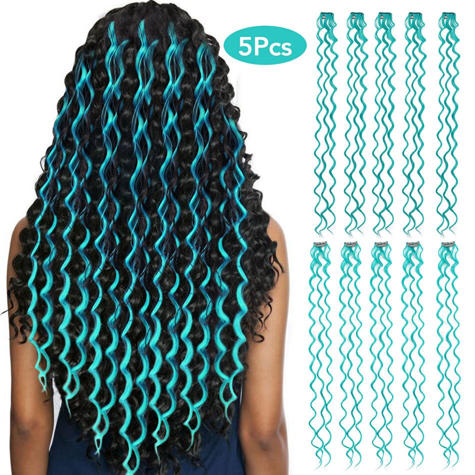 MEEPO pelo sintético con pinza en extensiones de cabello de una pieza oscuro largo onda color destacar de la extensión del pelo para mujeres 5 unids/set: Teal Blue