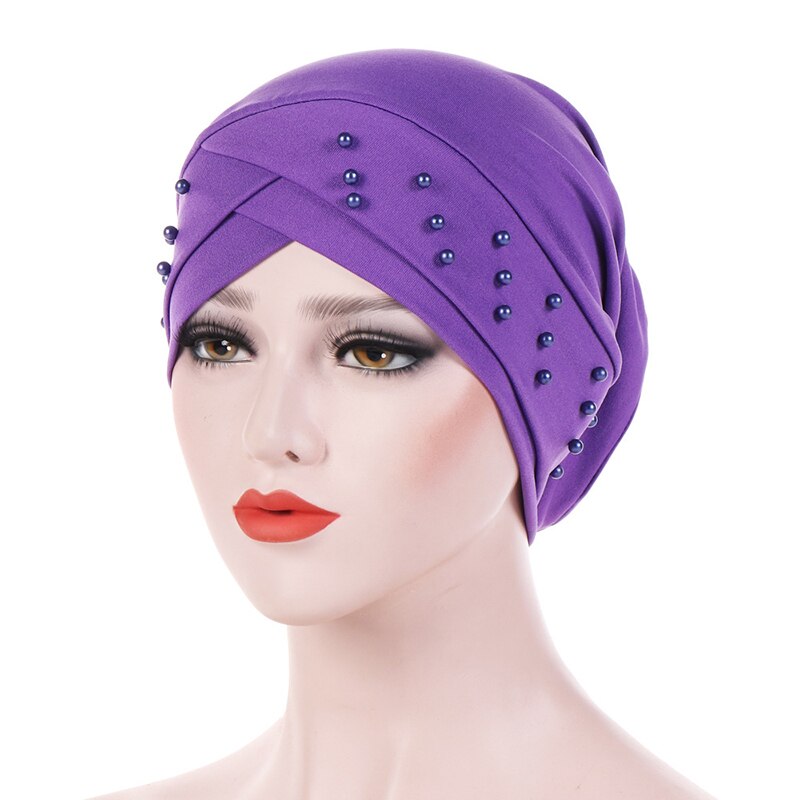 cotton solid folds pearl muslim turban scarf women islamic inner caps Arab wrap head femme musulman turbante mujer: Purple