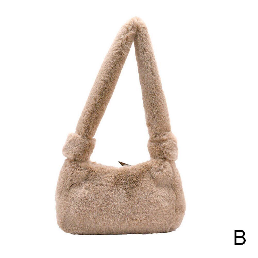 Mode Pluizige Schoudertassen Voor Vrouwen Solid Warme Zachte Vrouwelijke Handtas Herfst Zak Zakken Onderarm Pluche Winter Kleur Bont j2G5: B