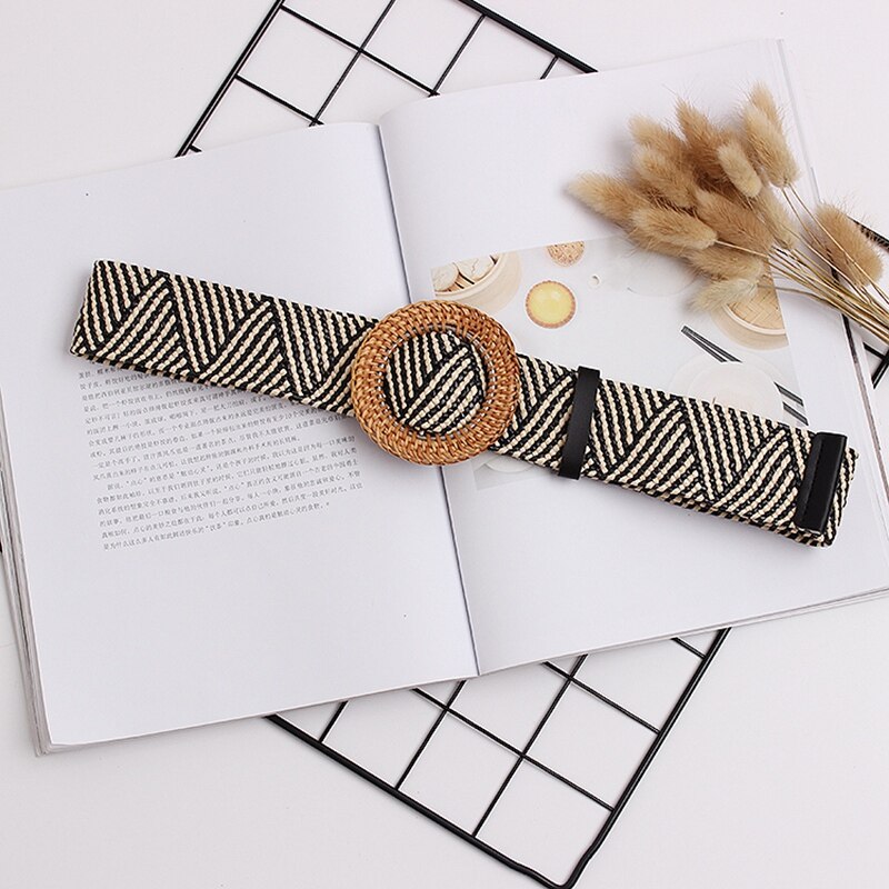 Vrouwen Gevlochten Riem Vrouwelijke Bohemian Gebreide Stro Ronde Vierkante Gesp Geweven Riem Voor Broek Dames Band Streep