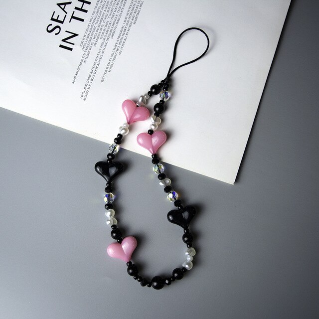 Pearl Heart Black Beads Beaded Phone Chain Vintage Baroque Pearl Phone Charm Lucky Phone Strap Lanyard Women: 4