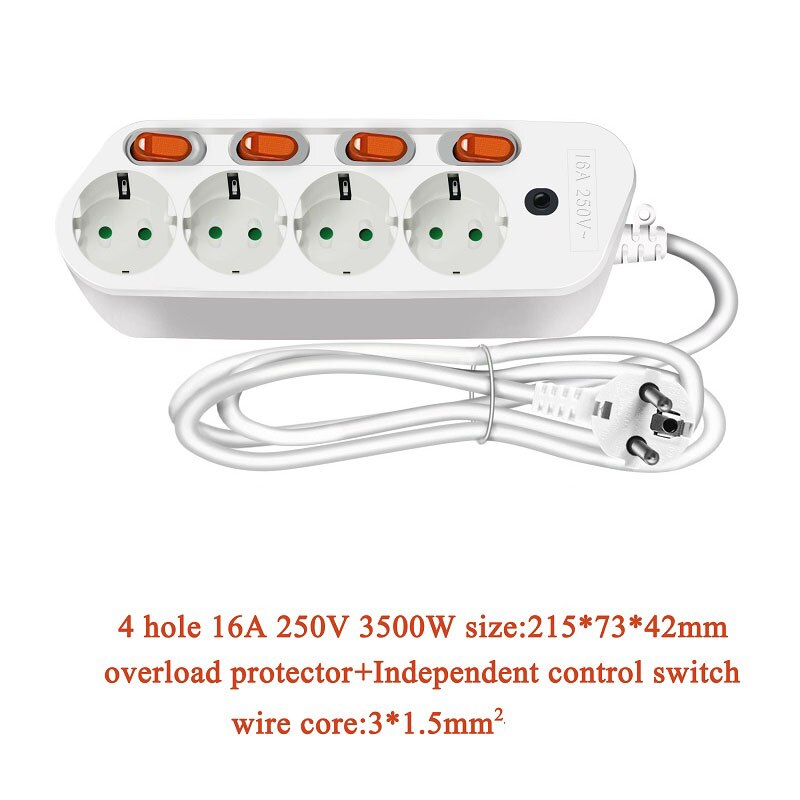 Multiprise Protection contre les surtensions prise ue 3/4/5/6 prises 10/16A prises d'extension électrique interrupteurs de commande indépendants cordon 2.5m: EU PLUG L2.5M / 4 AC Output