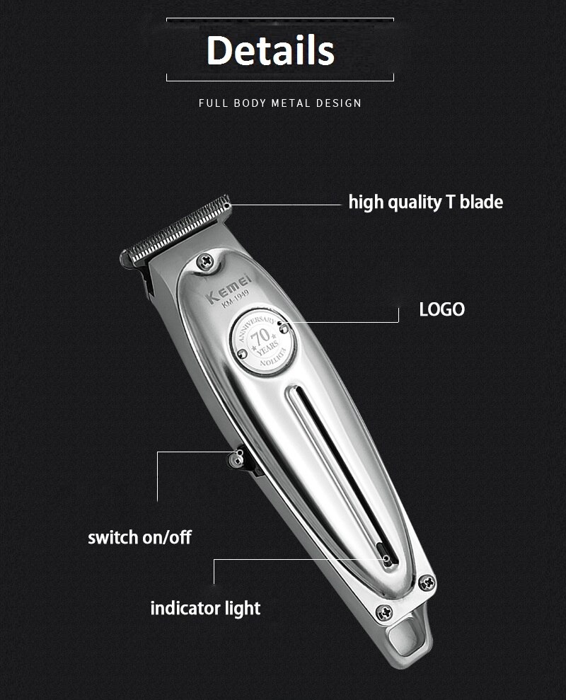 Kemei KM-1949 – tondeuse à cheveux professionnelle pour hommes, rasoir électrique sans fil, USB, lame en T, sculpture de la tête chauve, Machine pour couper les cheveux