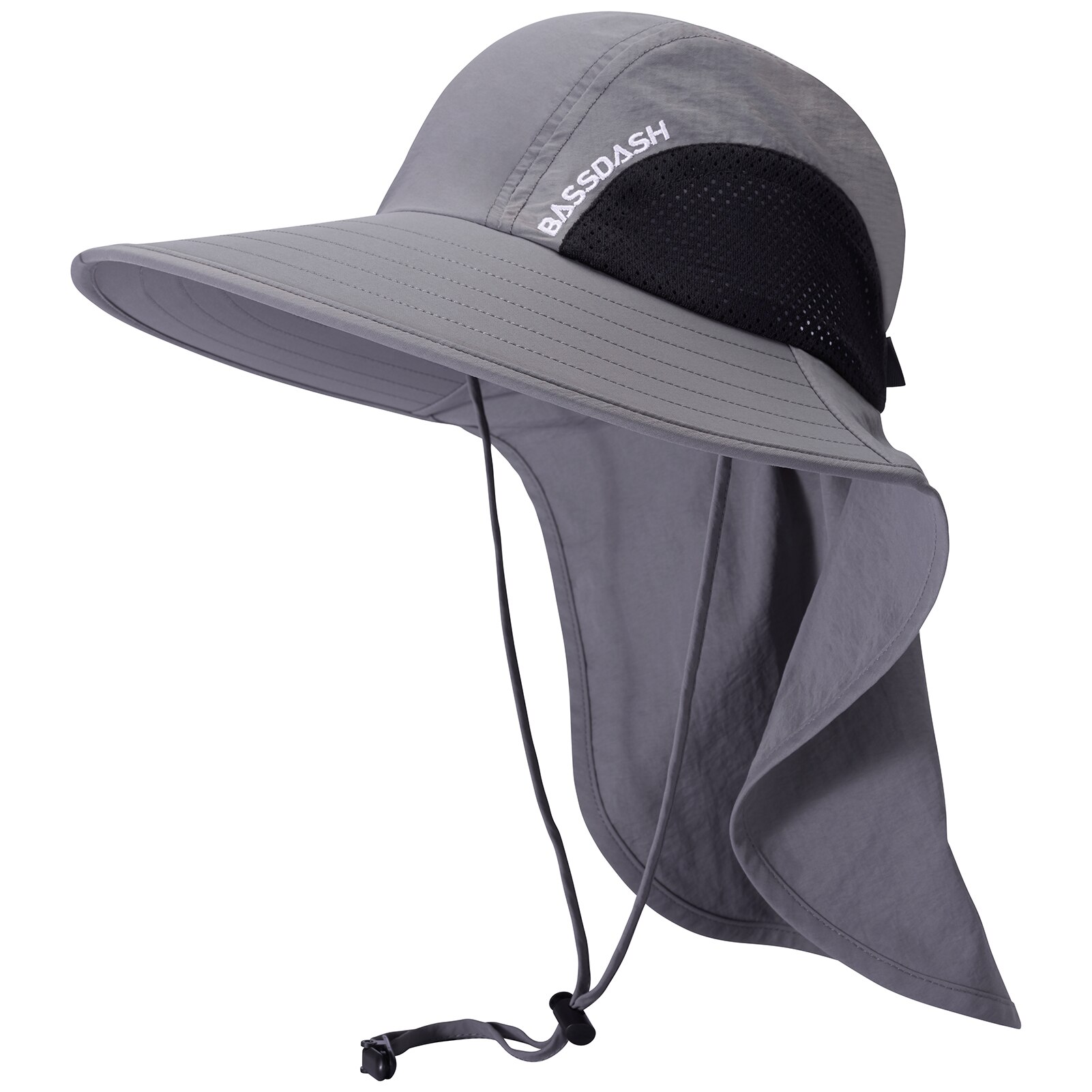 Bassdash UPF 50 + Unisex, sombrero de Sol de ala ancha resistente al agua con solapa de cuello grande, gorro de pesca con cola de caballo para hombres y mujeres: Light Grey
