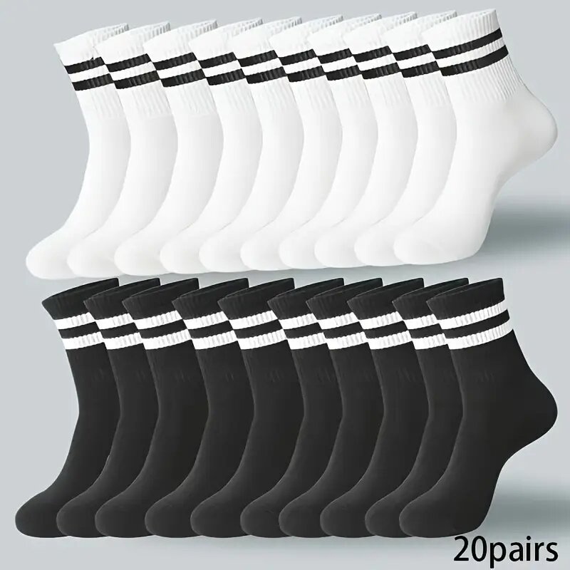 6/10/15/20 Pairs Men Socks Spring Autumn Casual Black White Striped Socks Breathable Mid Tube Sock High Round Neck Socks: dark green