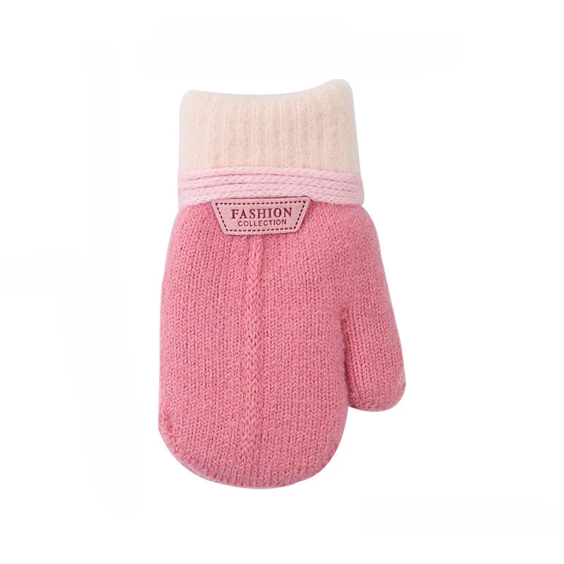 Children's Gloves Winter Solid Thicken Plus Velvet Halter Gloves For Kids Toddler Outdoor Keep Warm Knitted Mittens With Rope: WHITE / S
