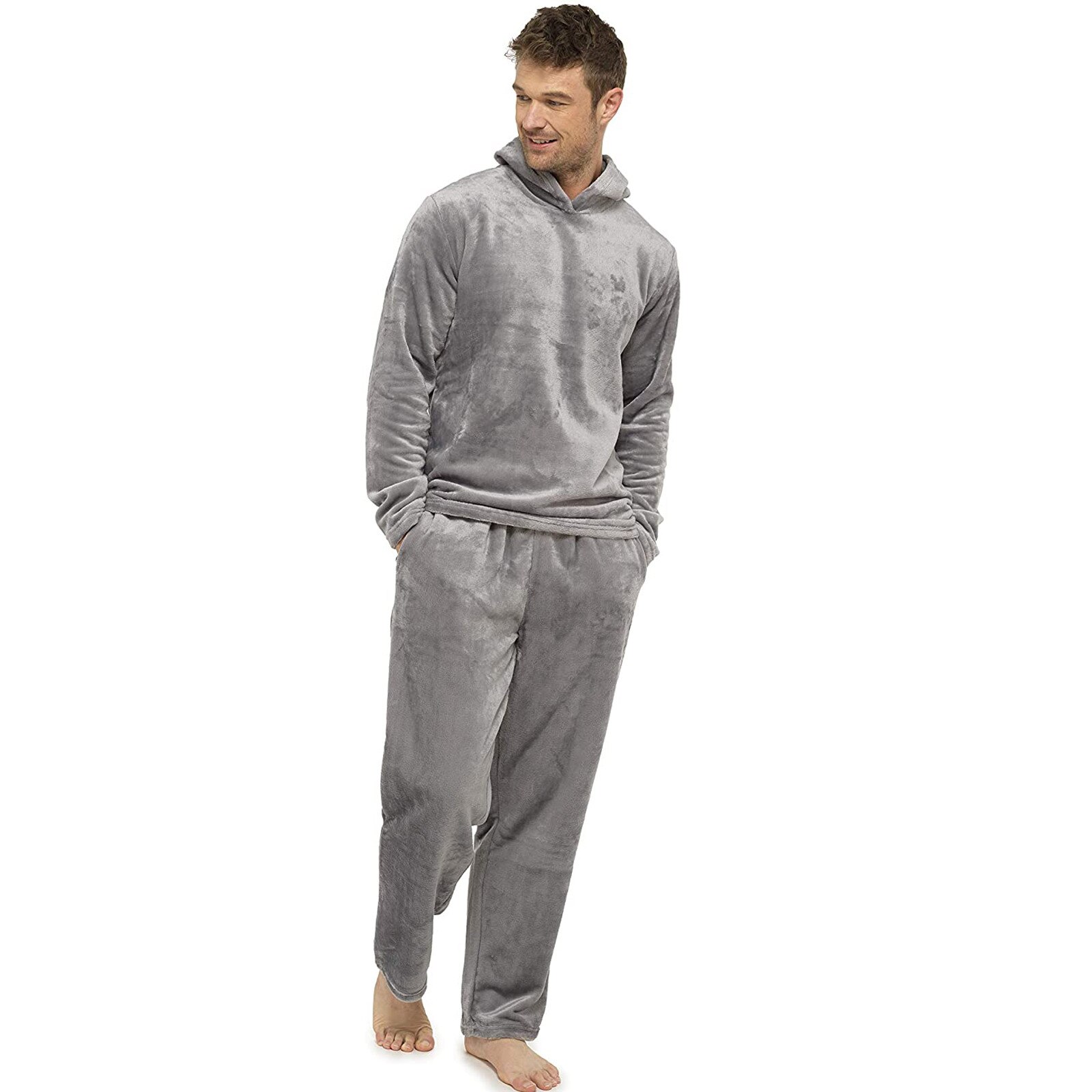 Men Pijamas Warm Solid Brief Hooded Comfort Suede Sleepwear Home Daliy Pajamas Suit Pijama Niño Invierno Пижама Мужская: L