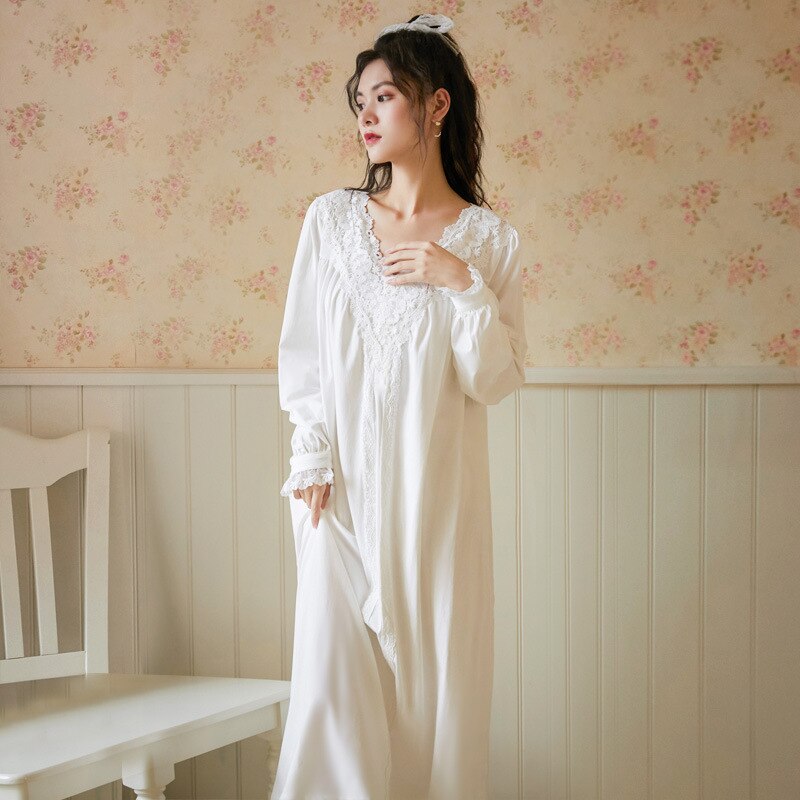Victoriaanse Katoen Nacht Jurk Vrouwen Herfst Witte Lange Peignoir Grote Maat Vintage Robe Gown Romantische Nachtjapon Prinses Nachtkleding