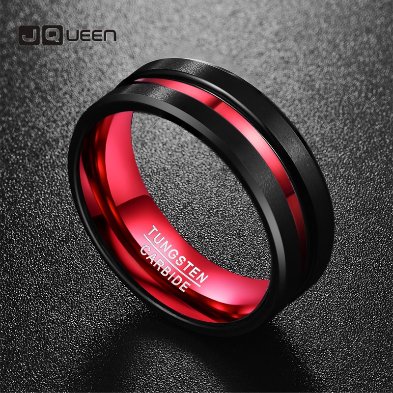 Jqueen herre s 8mm sorte og røde wolframcarbid ring mat finish affasede kanter størrelse 7 to 16 aaa