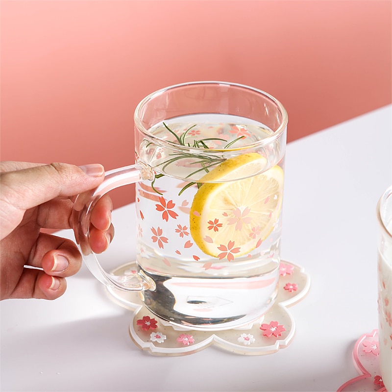 Tasse transparente à fleurs de cerisier, rose, café au lait, verre Sakura résistant à la chaleur, sous-verre Kawaii