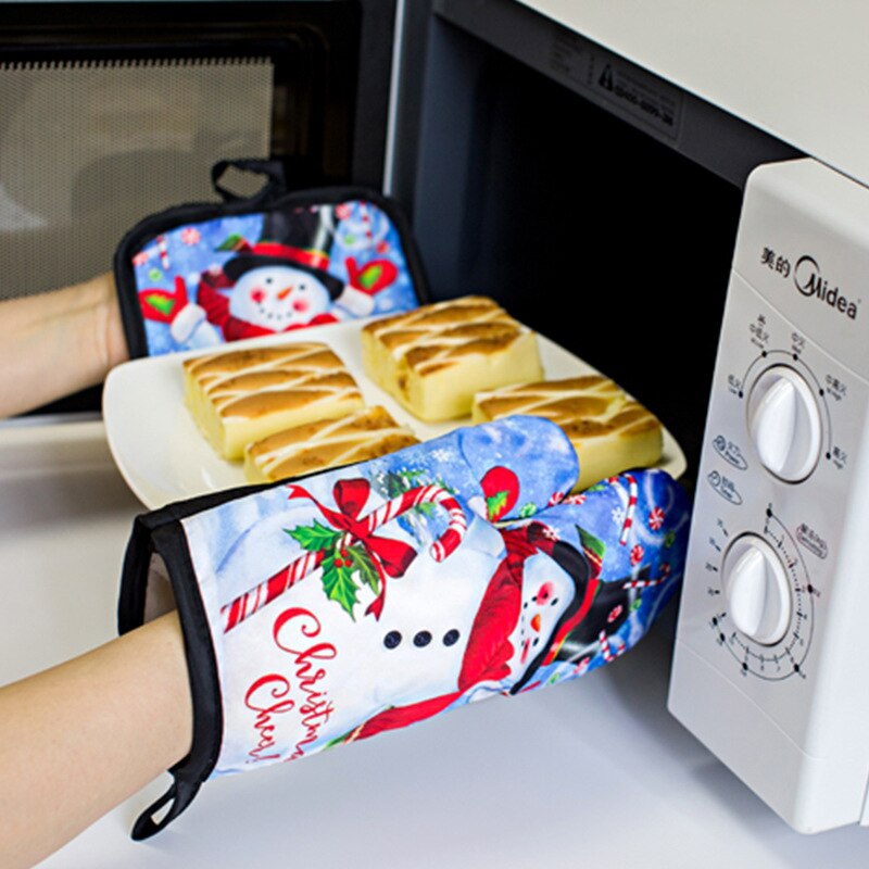 Fashionable Christmas Kitchen Utensils Printed Oven Gloves High Temperature Scalding Microwave Oven Heat Insulation Glove Set