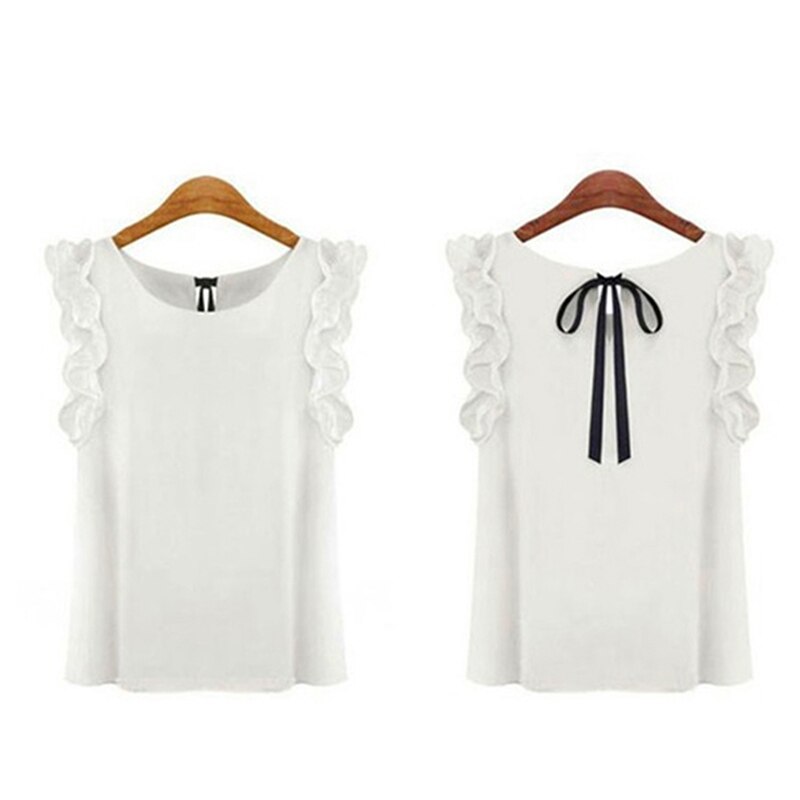 Zomer Sexy Chiffon Shirt Vrouwen Elegante Mode Strikje Blouse Casual O-hals Vlinder Mouwloze Witte Vrouwen Blouse