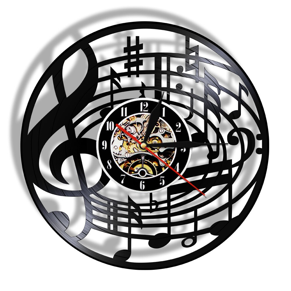 Rock n roll musik note led nat lys lampe diskant nøgle vægur lavet af ægte vinyl plade stille sweep watch reloj de pared: Ingen led