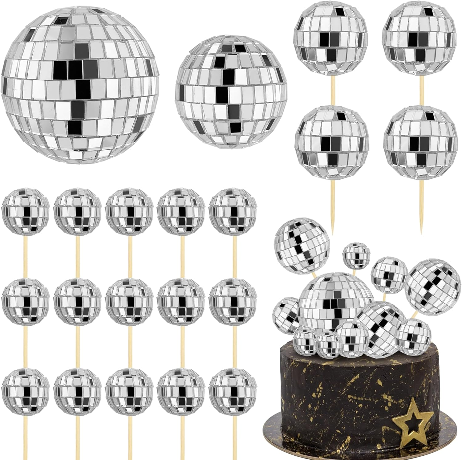 Mirror Ball Cake Decoration Silver Disco Balls Cake Topper Disco 80s Party Cupcake Toppers Wedding Birthday Christmas Supplies